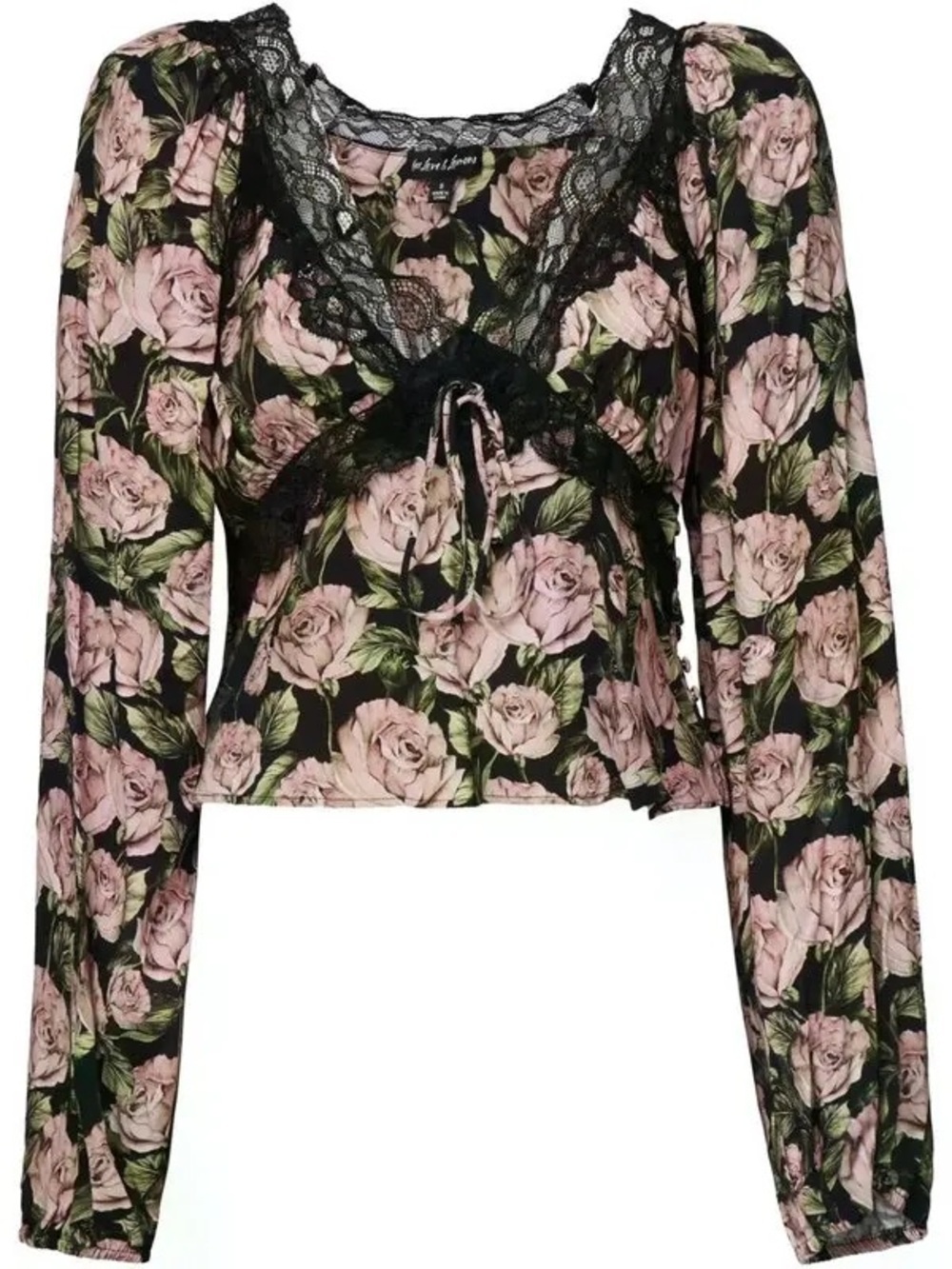 REVOLVE For Love & Lemons Black Floral Lace-Trim V-Neck Blouse NWT XS - Picture 2 of 3